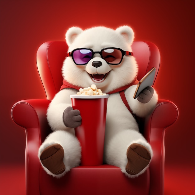 Vista de un oso polar en 3D viendo una película en el cine