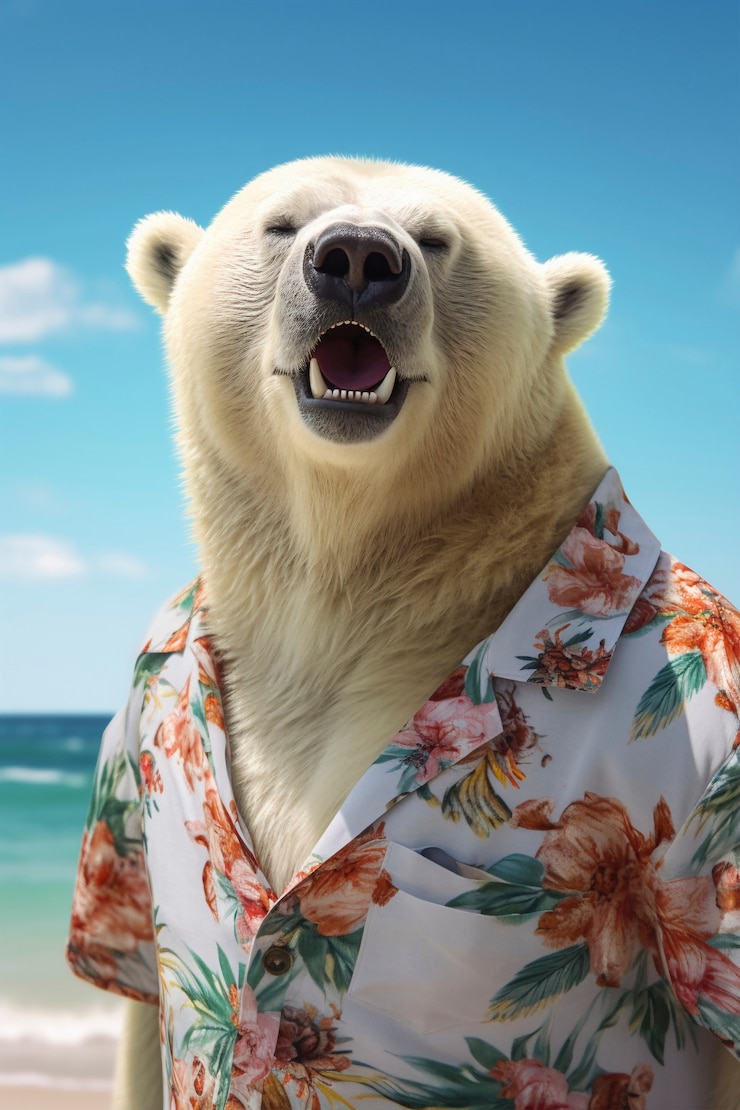 Foto gratuito vista del oso polar en verano con camisa hawaiana