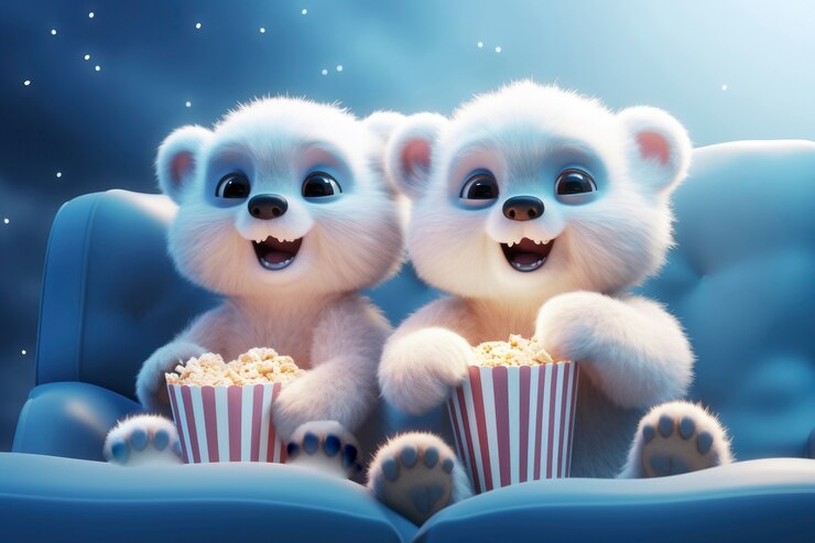 Foto gratuito vista de osos polares en 3d en el cine viendo una película