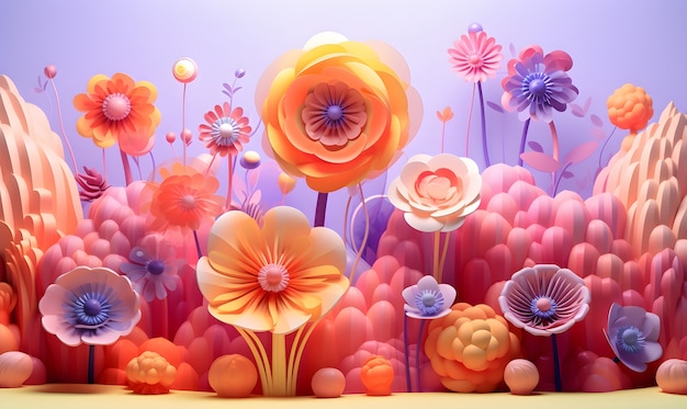 Vista del paisaje abstracto 3d con flores.