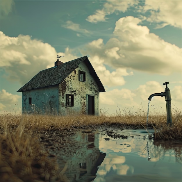 Foto gratuita vista de un paisaje de fantasía con un grifo de agua corriente surrealista para la concienciación del día mundial del agua