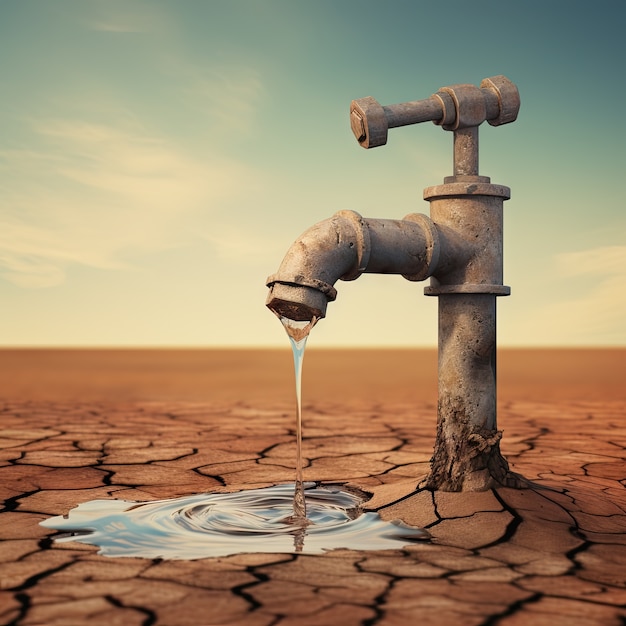 Foto gratuita vista de un paisaje de fantasía con un grifo de agua corriente surrealista para la concienciación del día mundial del agua