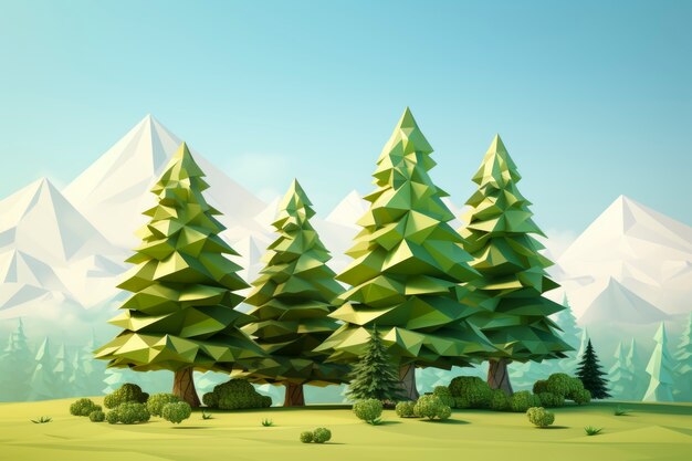 Vista del paisaje forestal en 3D con montañas y cielo