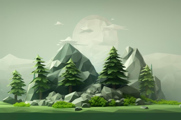 Vista del paisaje forestal en 3D con montañas y cielo
