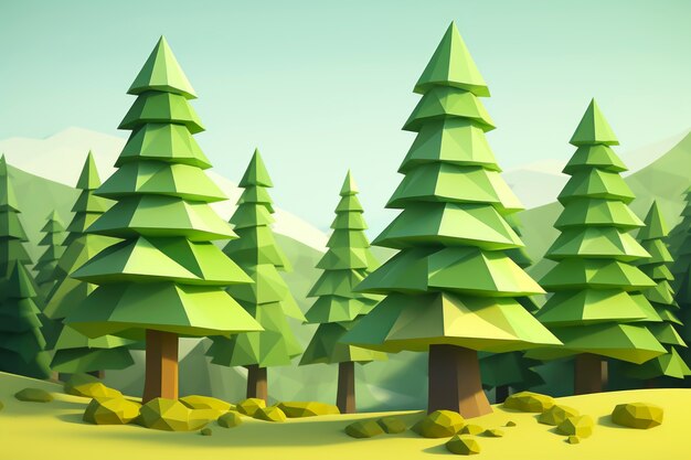 Vista del paisaje forestal en 3D con montañas y cielo