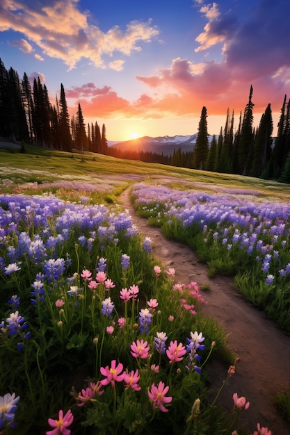 Foto gratuita vista del paisaje natural con el campo de flores