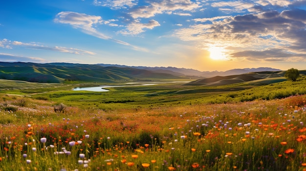 Vista del paisaje natural con el campo de flores