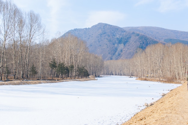 Vista de un paisaje con el río congelado