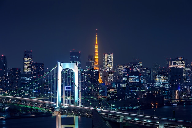 Vista del paisaje urbano de Tokio por la noche en Japón.