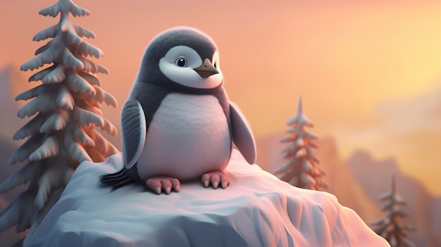 Foto gratuita vista del pájaro pingüino en 3d con paisaje natural