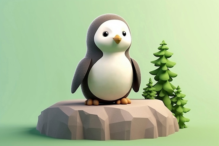 Foto gratuito vista del pájaro pingüino en 3d con paisaje natural