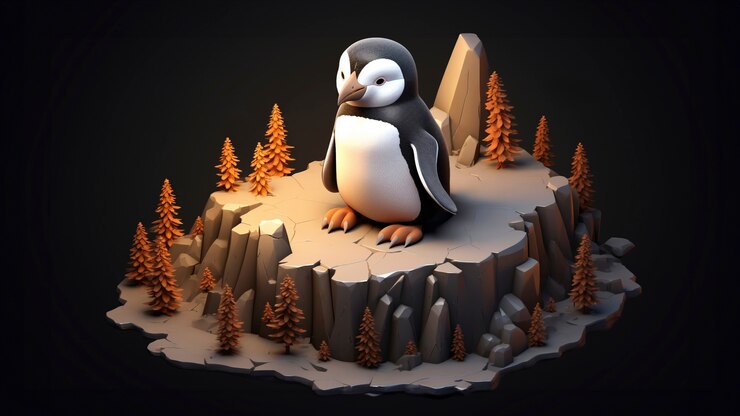Foto gratuito vista de un pájaro pingüino en 3d con paisaje natural