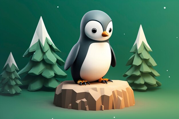 Vista del pájaro pingüino en 3D con paisaje natural