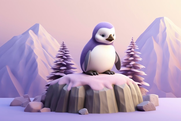 Vista del pájaro pingüino en 3D con paisaje natural