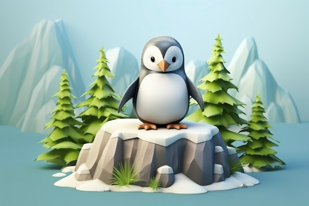 Foto gratuita vista del pájaro pingüino en 3d con paisaje natural