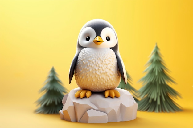 Foto gratuita vista del pájaro pingüino en 3d con paisaje natural