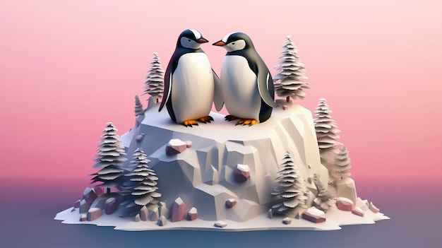 Foto gratuita vista del pájaro pingüino en 3d con paisaje natural