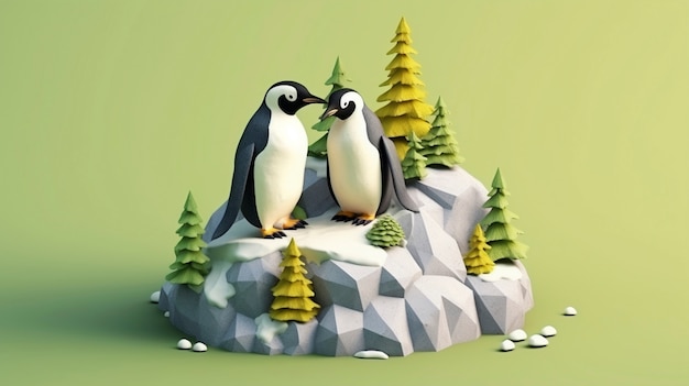 Vista del pájaro pingüino en 3D con paisaje natural
