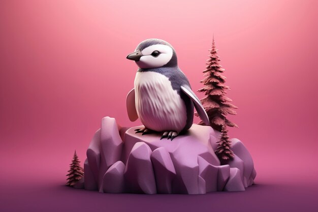 Vista del pájaro pingüino en 3D con paisaje natural