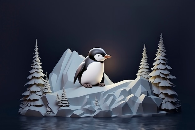 Foto gratuita vista del pájaro pingüino en 3d con paisaje natural