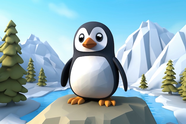 Foto gratuita vista del pájaro pingüino en 3d con paisaje natural