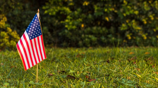 Vista panorámica de una bandera estadounidense de Estados Unidos en la hierba verde