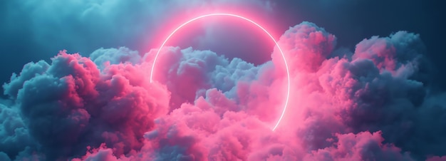 Foto gratuita vista panorámica del círculo de luz rosada detrás de las nubes generada por la ia