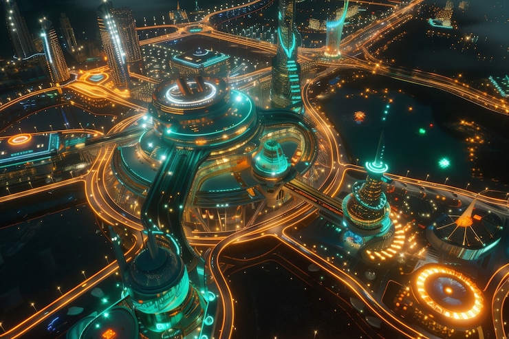 Foto gratuito vista panorámica de la ciudad de dubái iluminada en un espectro de neón