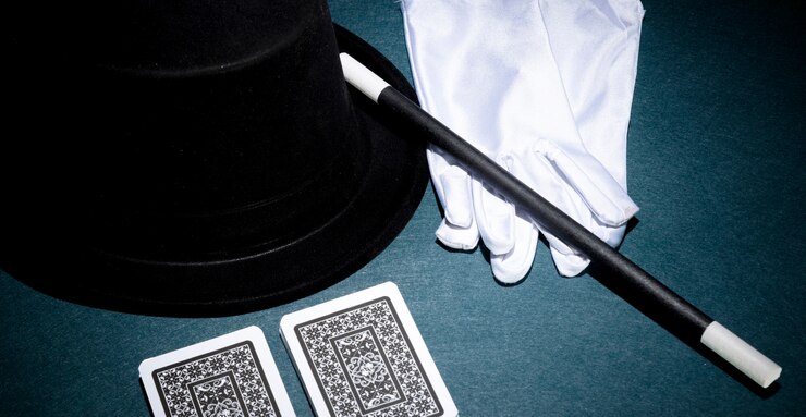 Foto gratuito vista panorámica de naipes; guantes blancos; sombrero de copa y varita mágica sobre fondo verde