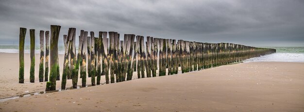 Vista panorámica de tablones de madera verticales en la arena de un muelle de madera inacabado en la playa.