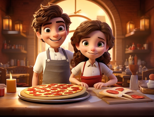 Foto gratuita vista de una pareja de dibujos animados con una deliciosa pizza en 3d