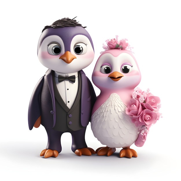 Foto gratuita vista de la pareja de novios de pingüinos 3d animados de dibujos animados