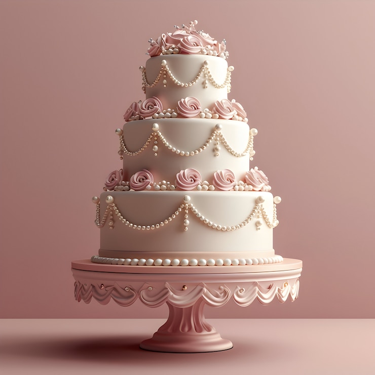 Vista de pastel de boda en 3D con decoraciones y adornos