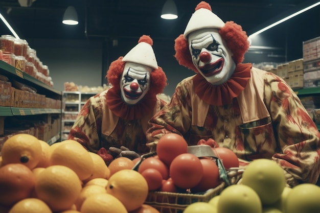 La vista de un payaso aterrador en la tienda de comestibles