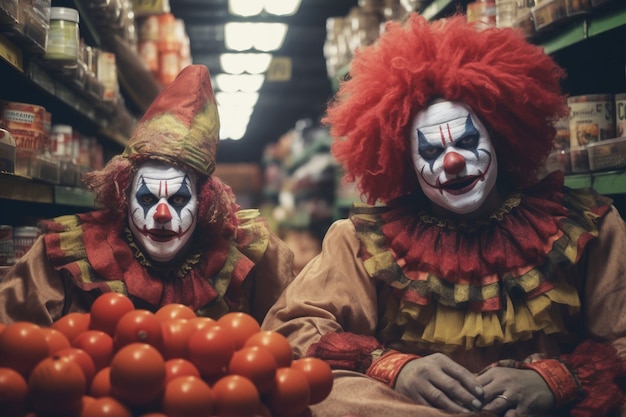 La vista de un payaso aterrador en la tienda de comestibles