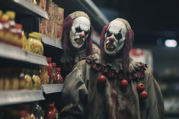 La vista de un payaso aterrador en la tienda de comestibles