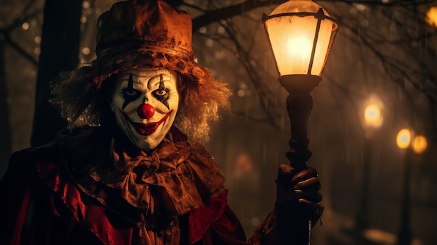 Foto gratuita vista del payaso espeluznante por la noche con luces