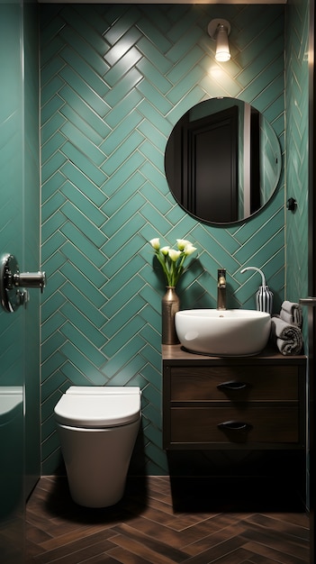 Foto gratuita vista del pequeño cuarto de baño con decoración y muebles de estilo moderno.