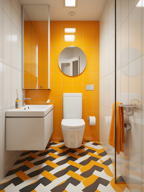 Vista del pequeño cuarto de baño con decoración y muebles de estilo moderno.