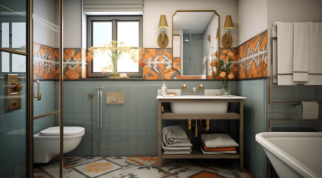 Vista del pequeño cuarto de baño con decoración y muebles de estilo moderno.