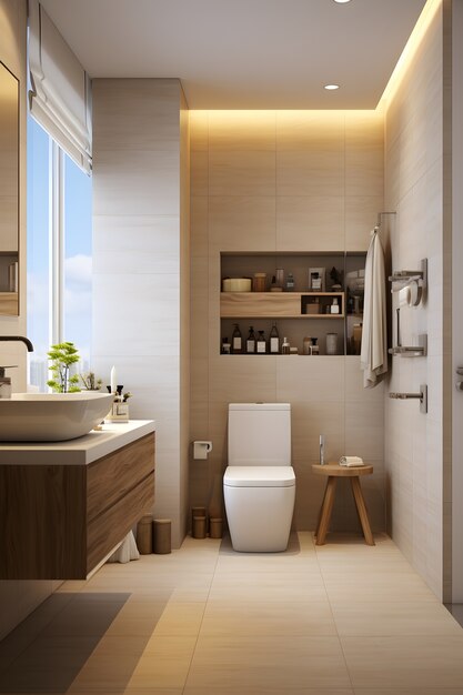 Vista del pequeño cuarto de baño con decoración y muebles de estilo moderno.