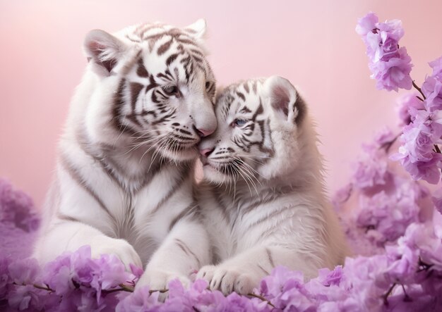 Vista de pequeños cachorros de tigre salvaje con flores de cerezo