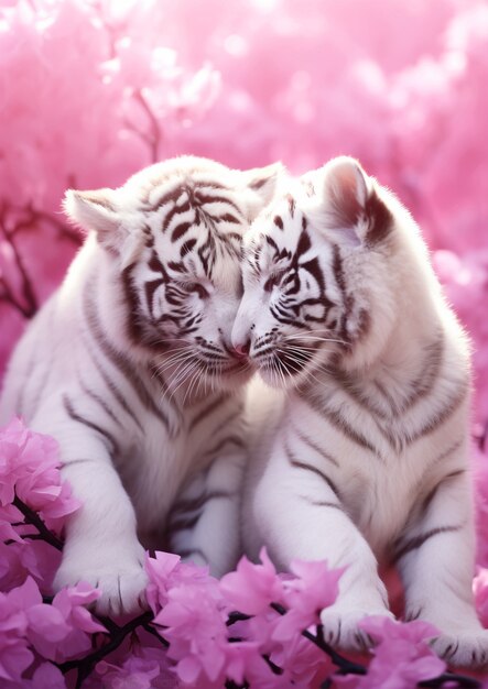 Vista de pequeños cachorros de tigre salvaje con flores de cerezo