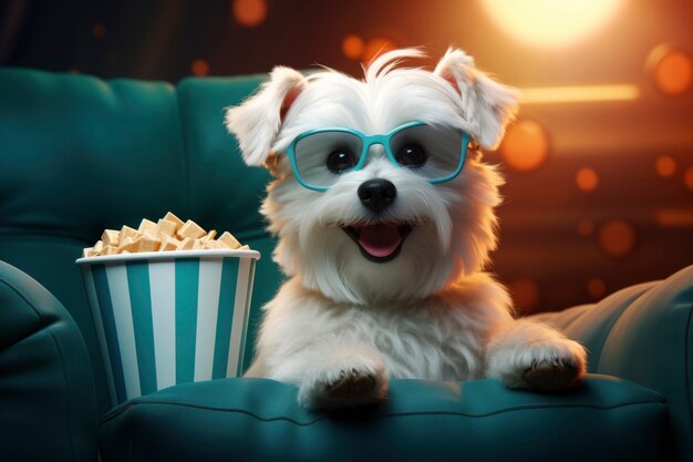 Vista de un perro en 3D en el cine viendo una película