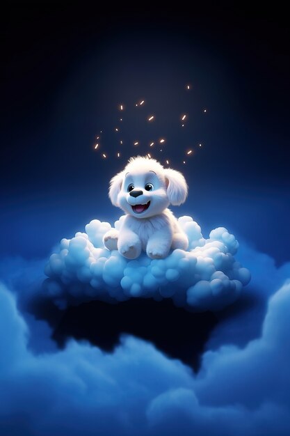 Vista de un perro adorable en 3D con nubes esponjosas