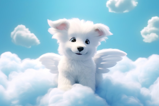 Foto gratuita vista de un perro adorable en 3d con nubes esponjosas