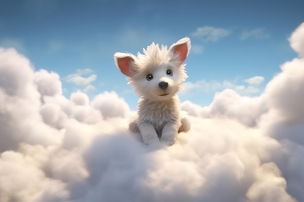 Vista de un perro adorable en 3D con nubes esponjosas