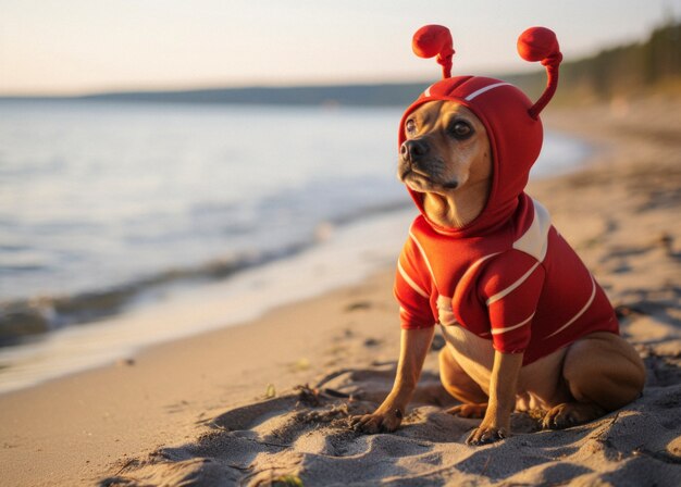 Vista de un perro con un traje gracioso