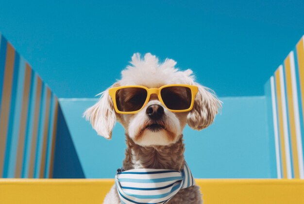 Vista de un perro con un traje gracioso