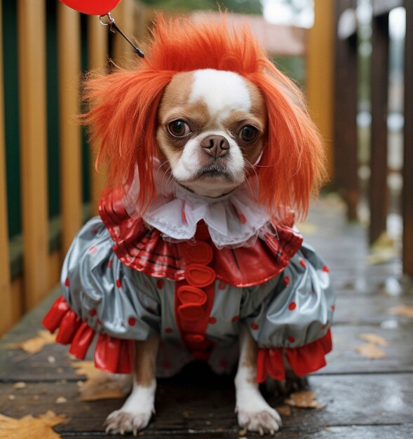 Vista de un perro con un traje gracioso